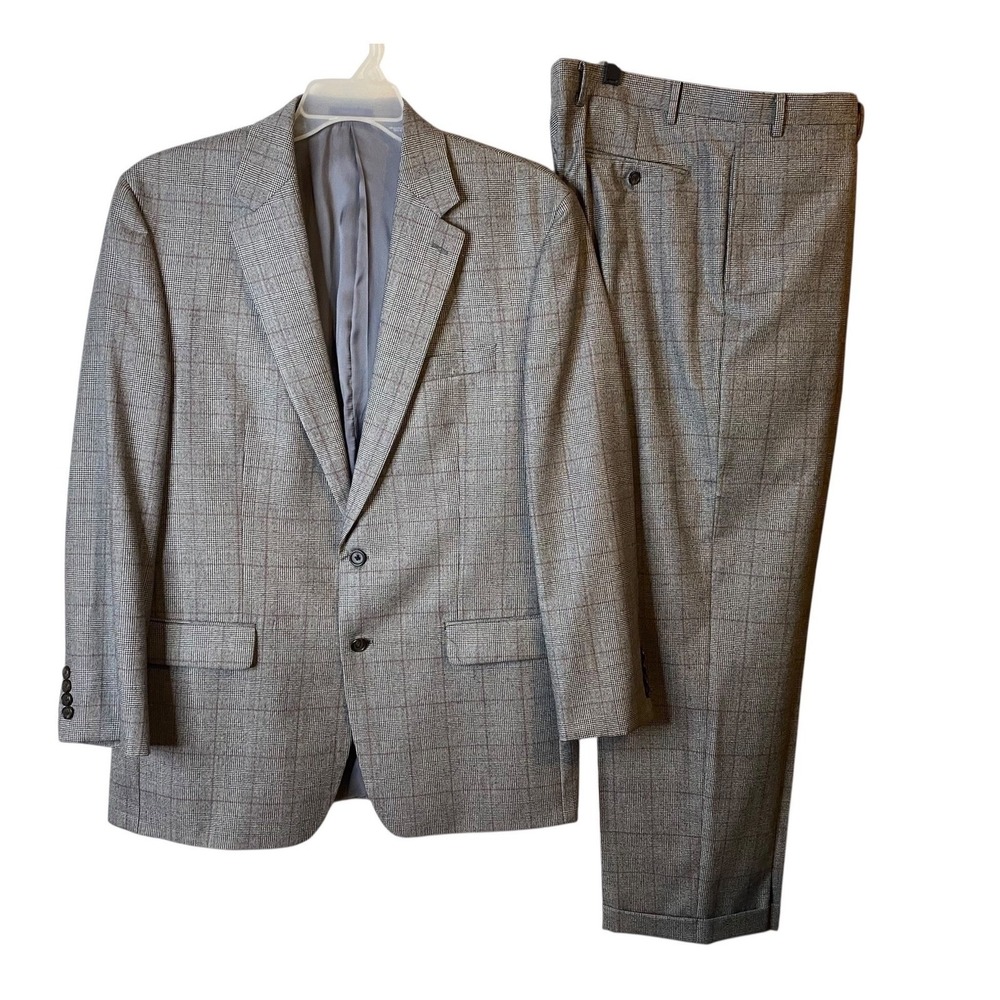 Ralph Lauren Mens 44L Grey Glen Plaid 100% Wool 2-Button Suit Cuffed 38x31